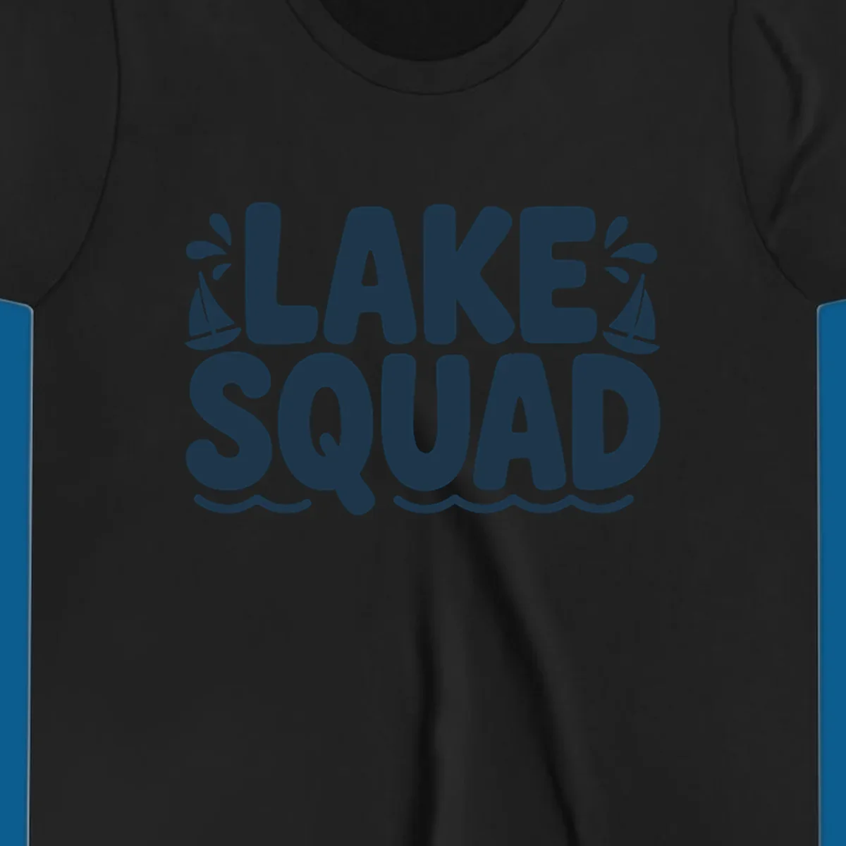 Navy blue text "LAKE SQUAD" with sailboats and waves, representing lake squad graphic.