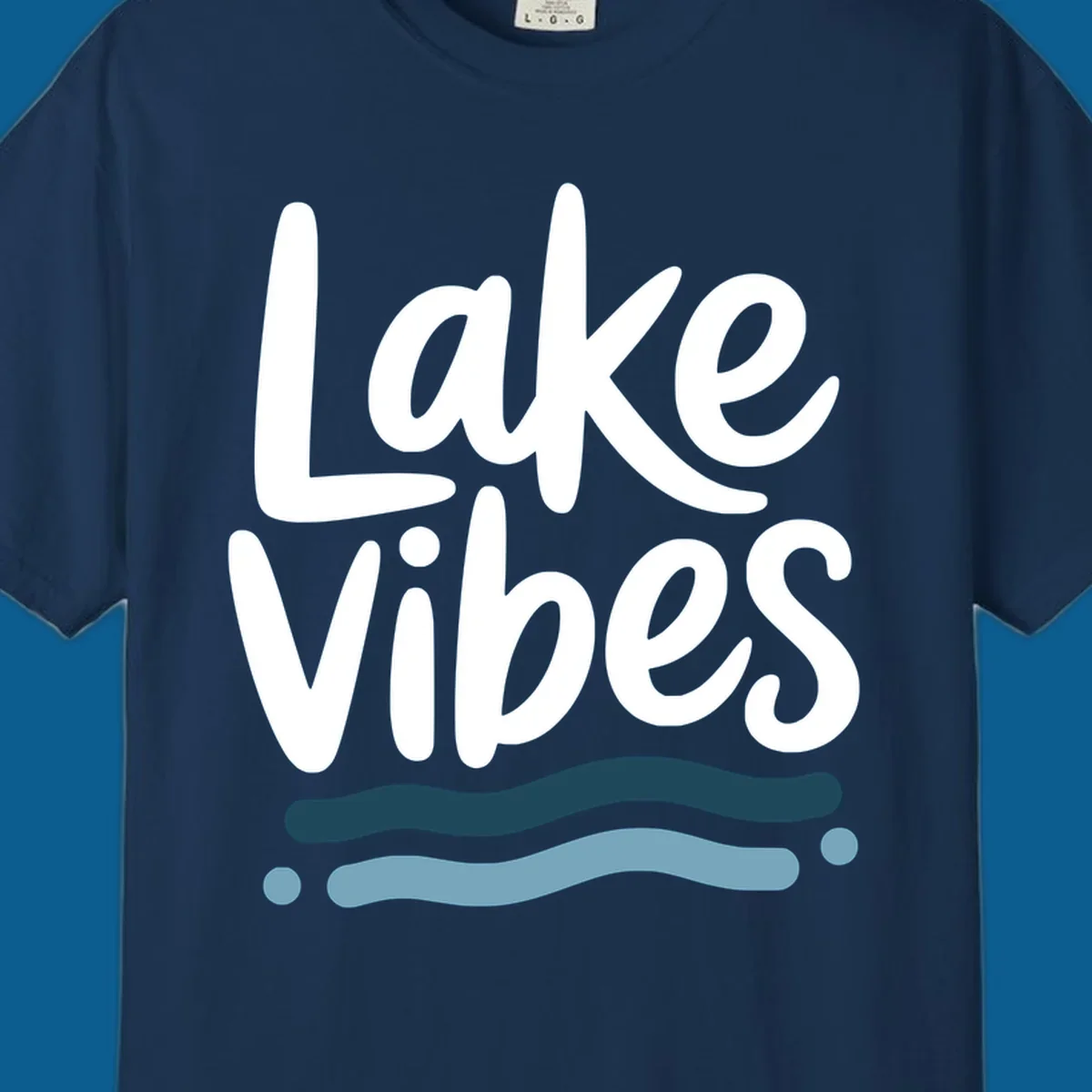 Lake Vibes typography design with blue wavy lines, on black and white backgrounds.