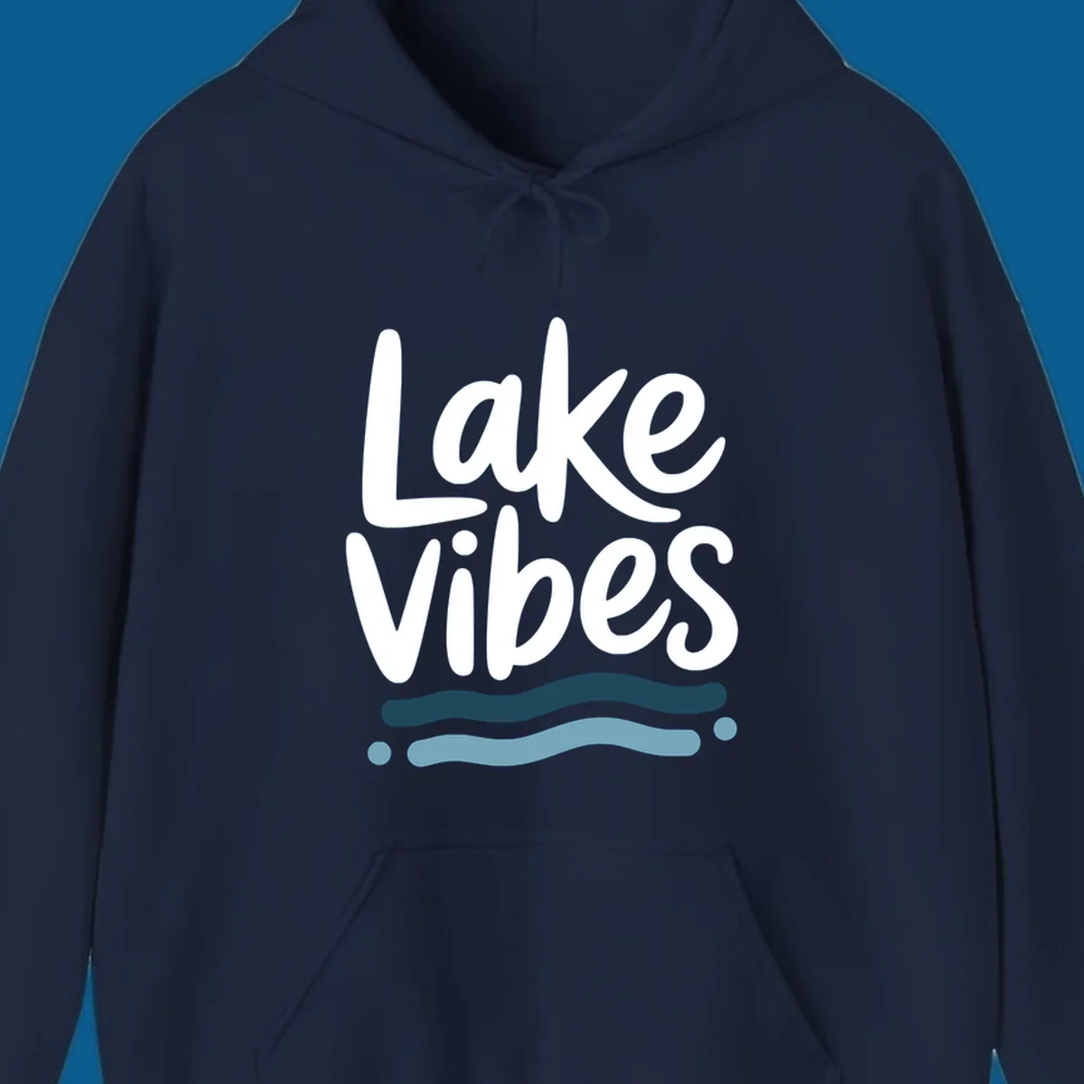 Lake Vibes typography design with blue wavy lines, on black and white backgrounds.