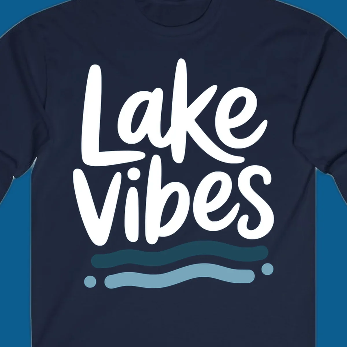 Lake Vibes typography design with blue wavy lines, on black and white backgrounds.