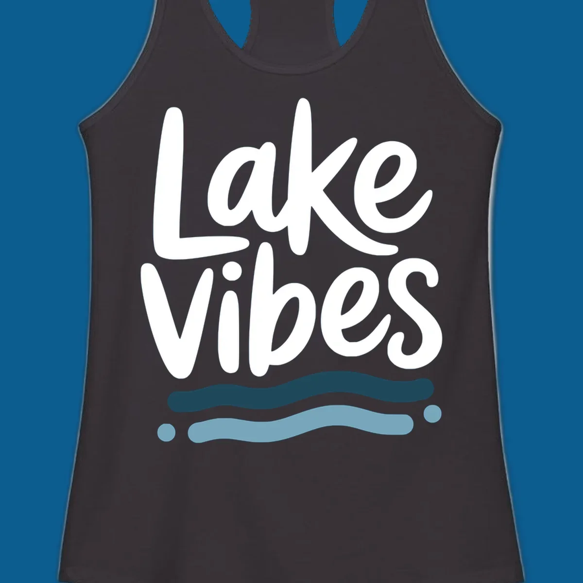 Lake Vibes typography design with blue wavy lines, on black and white backgrounds.