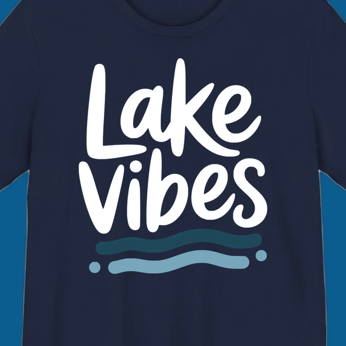 Lake Vibes typography design with blue wavy lines, on black and white backgrounds.