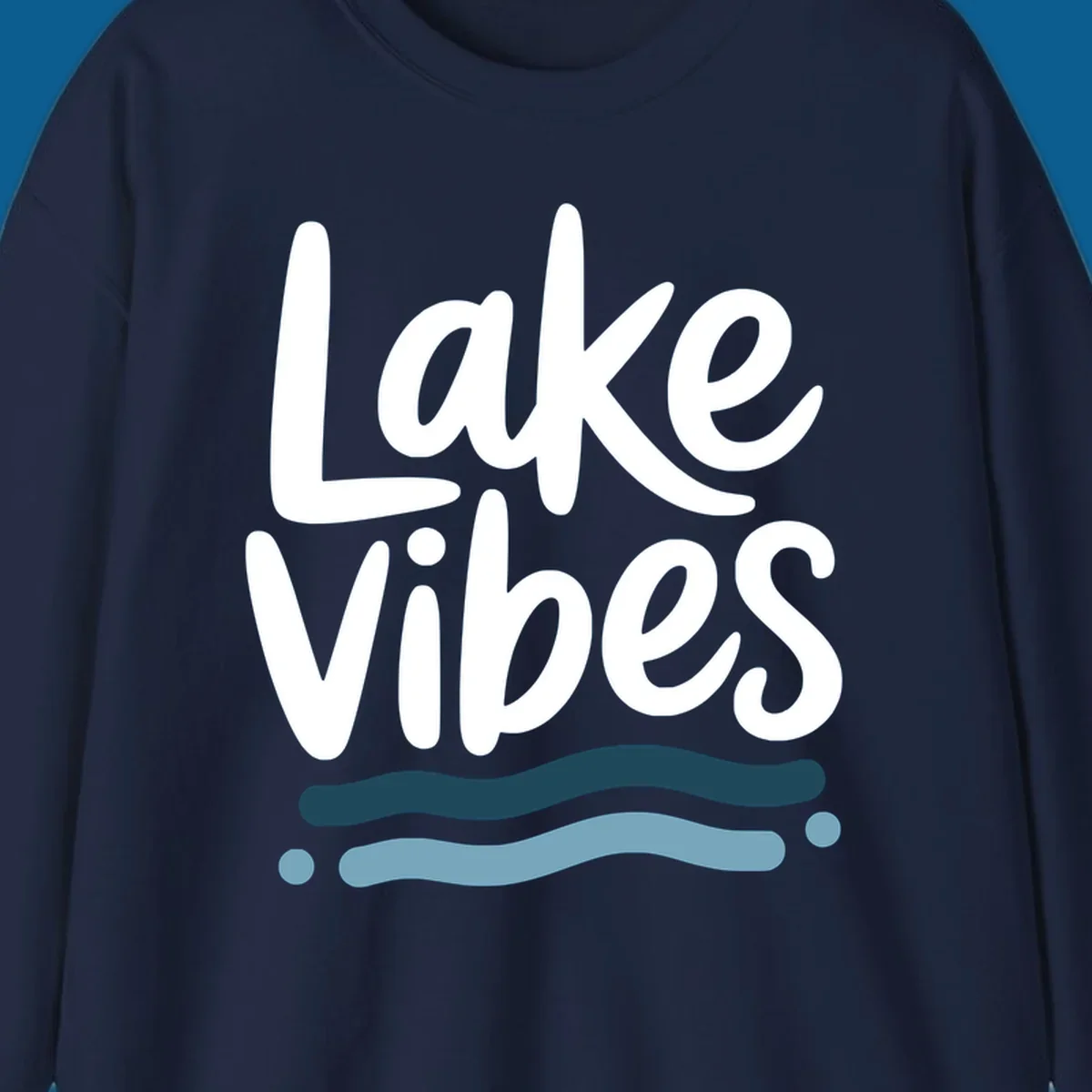 Lake Vibes typography design with blue wavy lines, on black and white backgrounds.