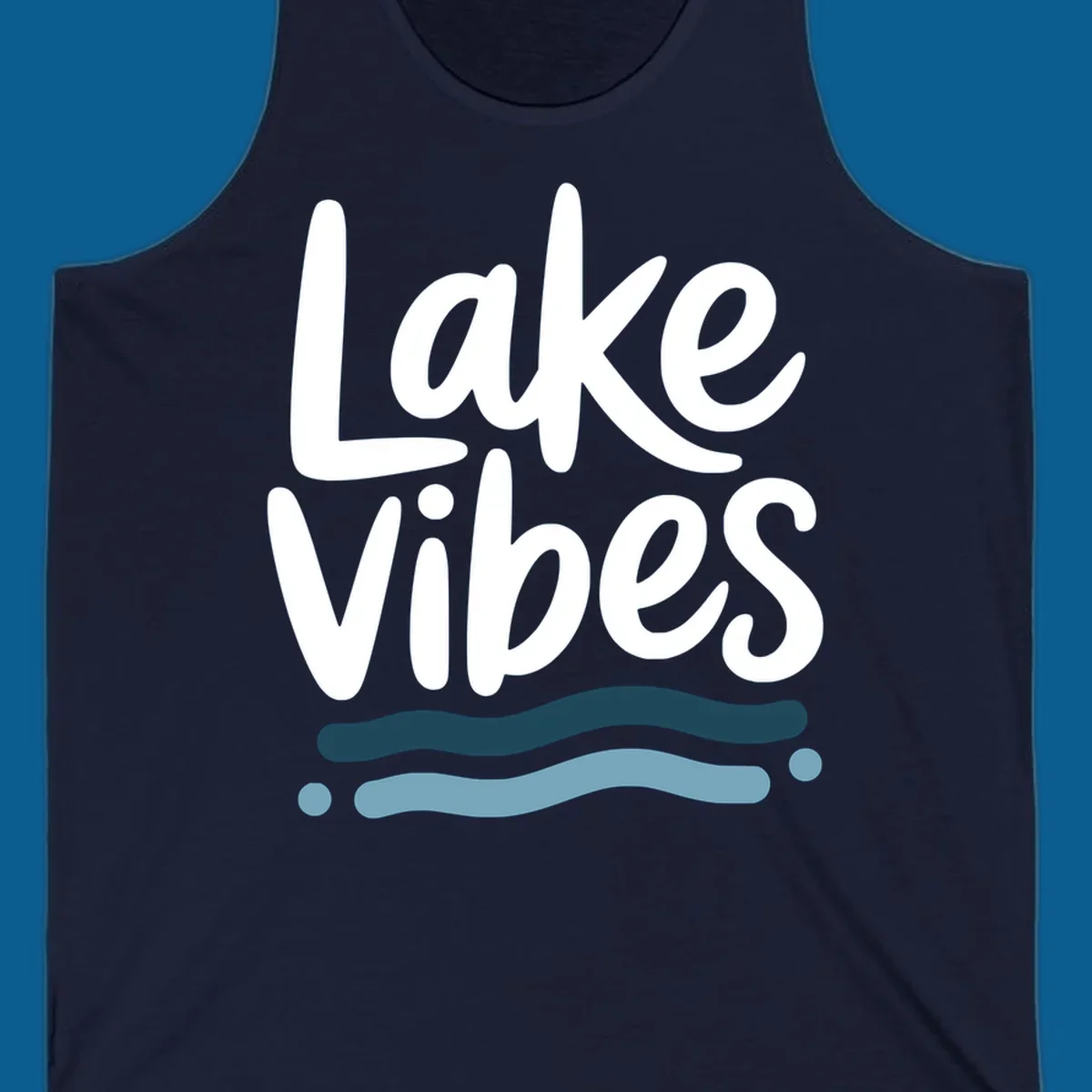Lake Vibes typography design with blue wavy lines, on black and white backgrounds.