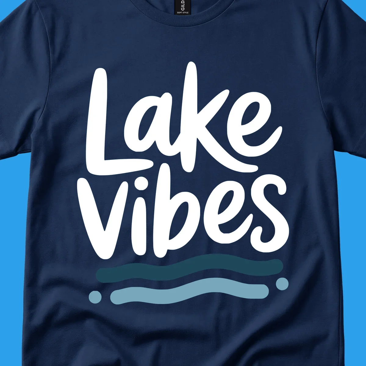 Lake Vibes typography design with blue wavy lines, on black and white backgrounds.