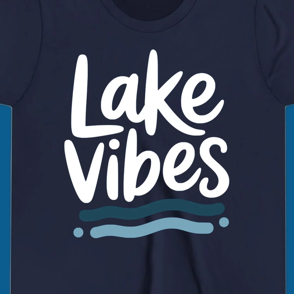 Lake Vibes typography design with blue wavy lines, on black and white backgrounds.