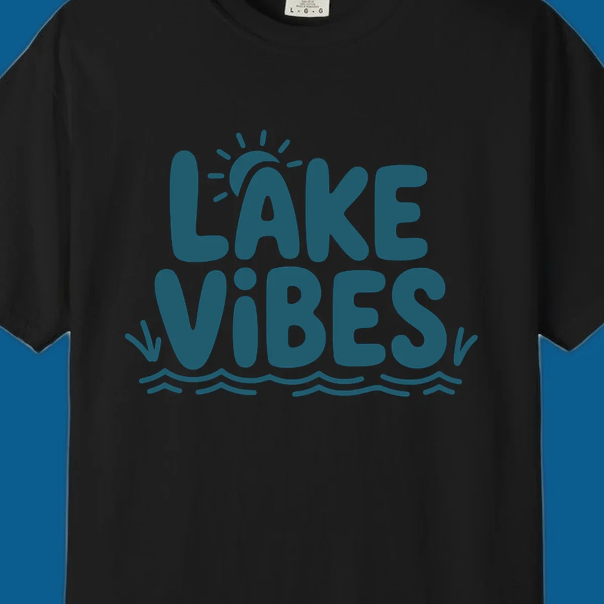 Lake vibes text with sun and waves graphic