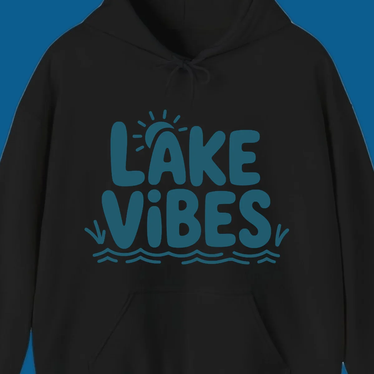 Lake vibes text with sun and waves graphic