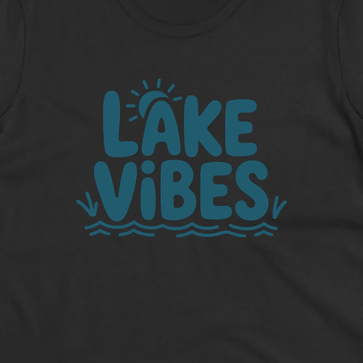 Lake vibes text with sun and waves graphic