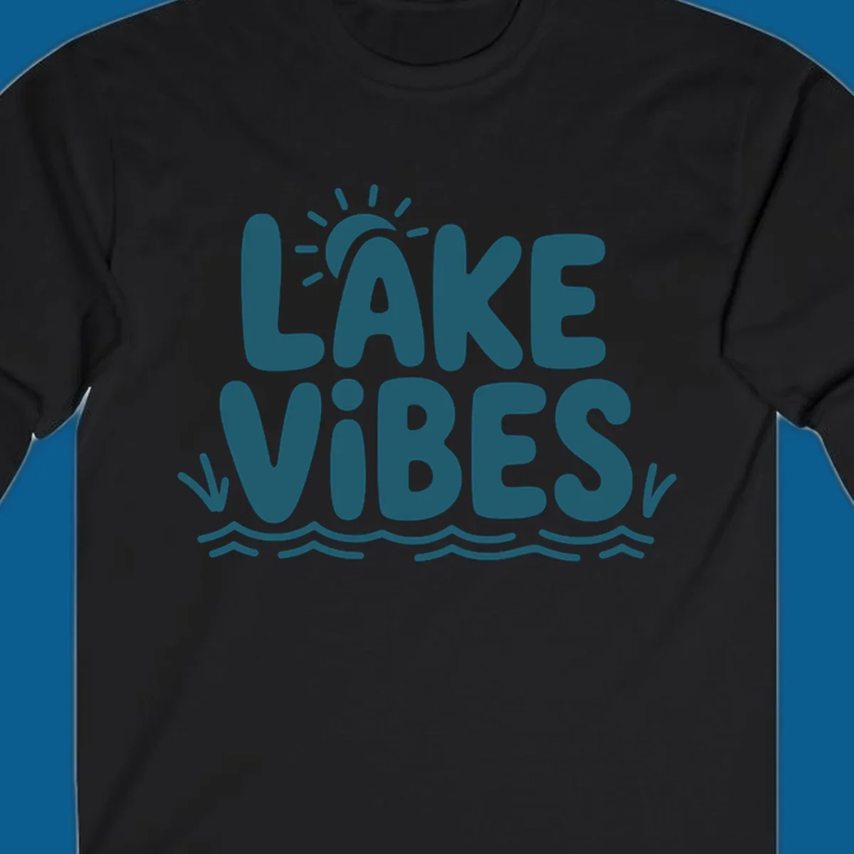 Lake vibes text with sun and waves graphic