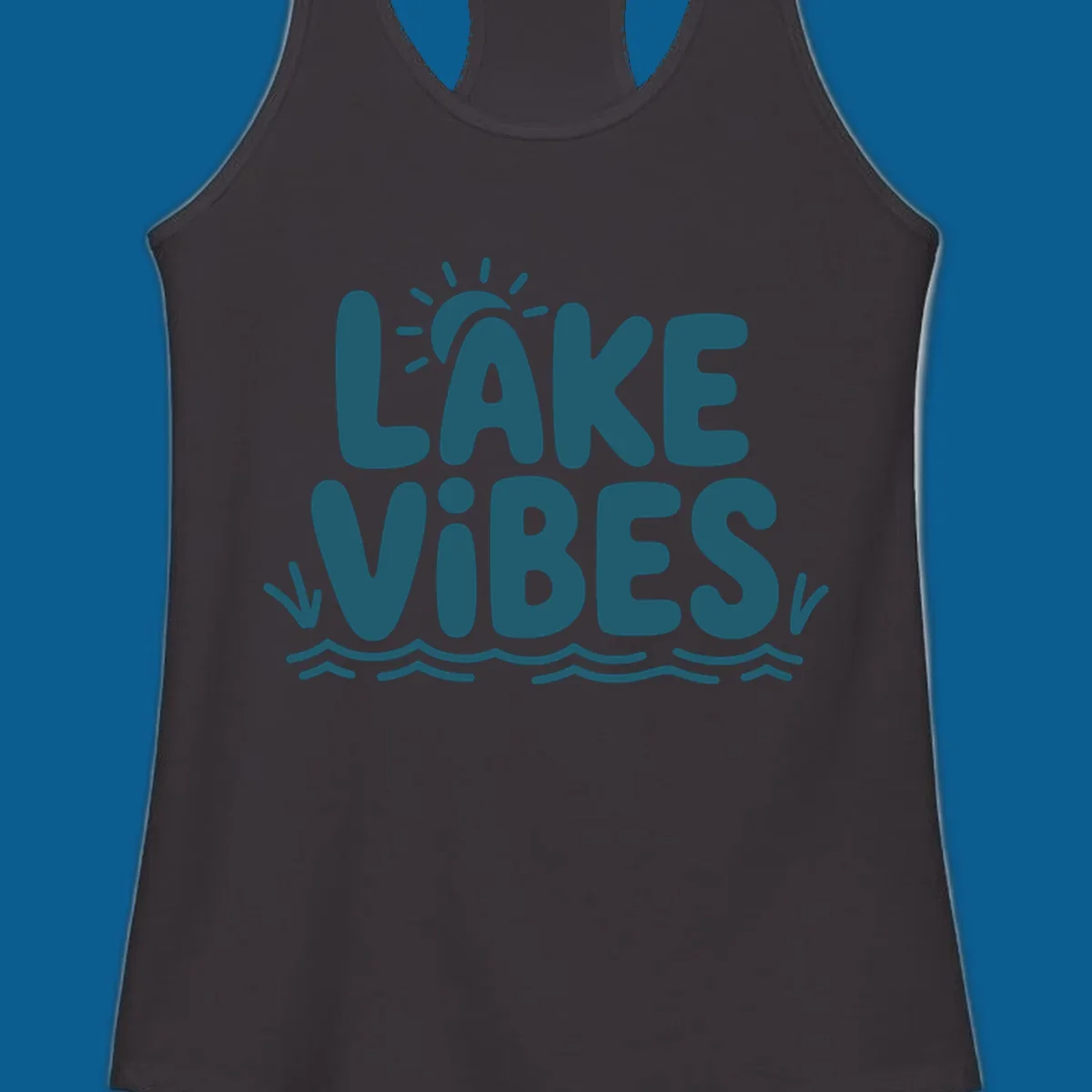 Lake vibes text with sun and waves graphic