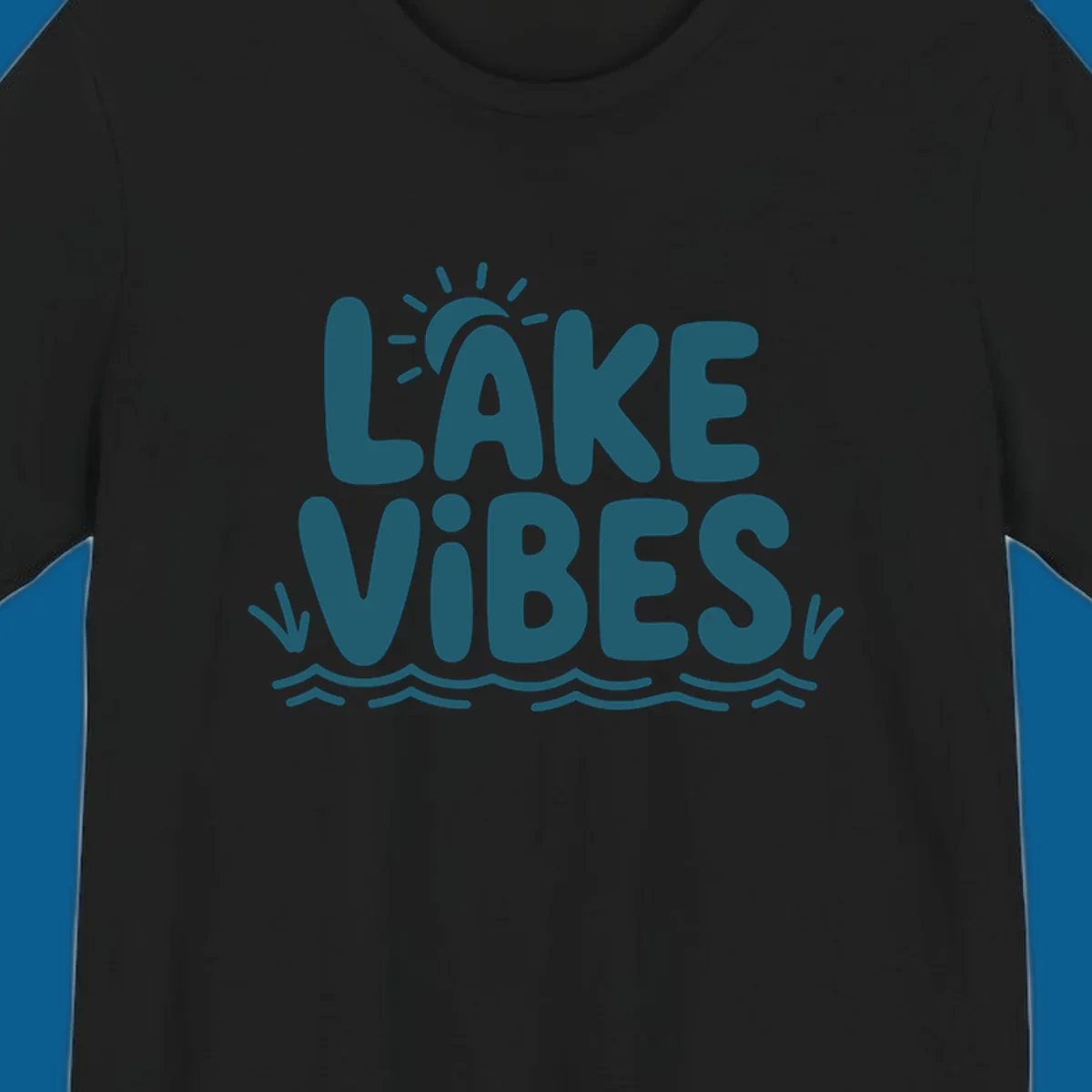 Lake vibes text with sun and waves graphic