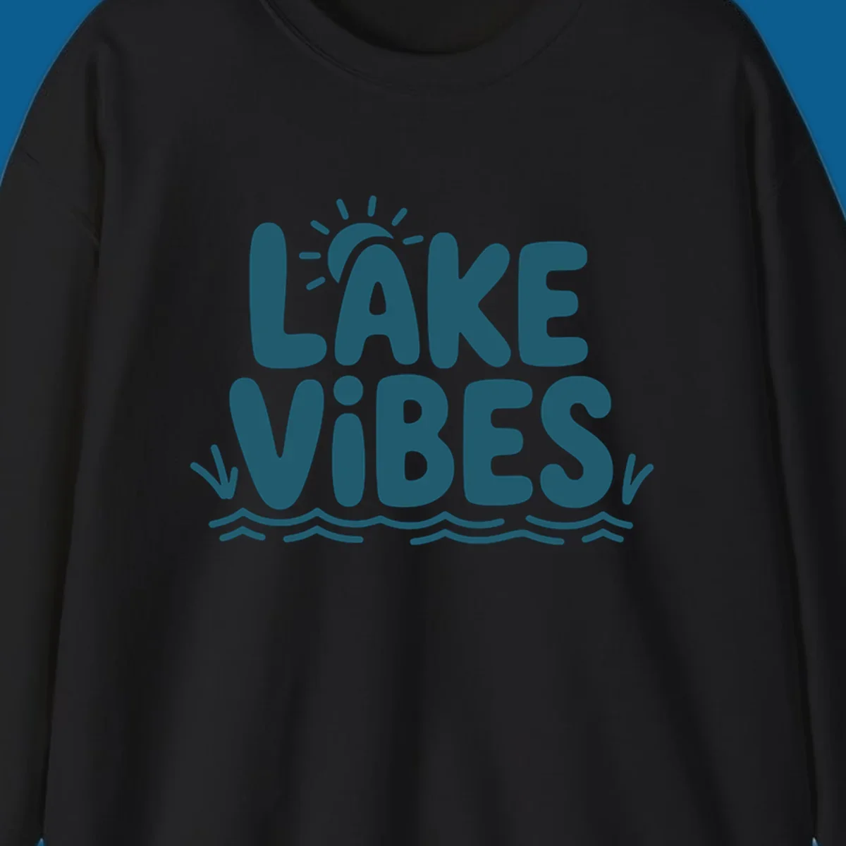 Lake vibes text with sun and waves graphic