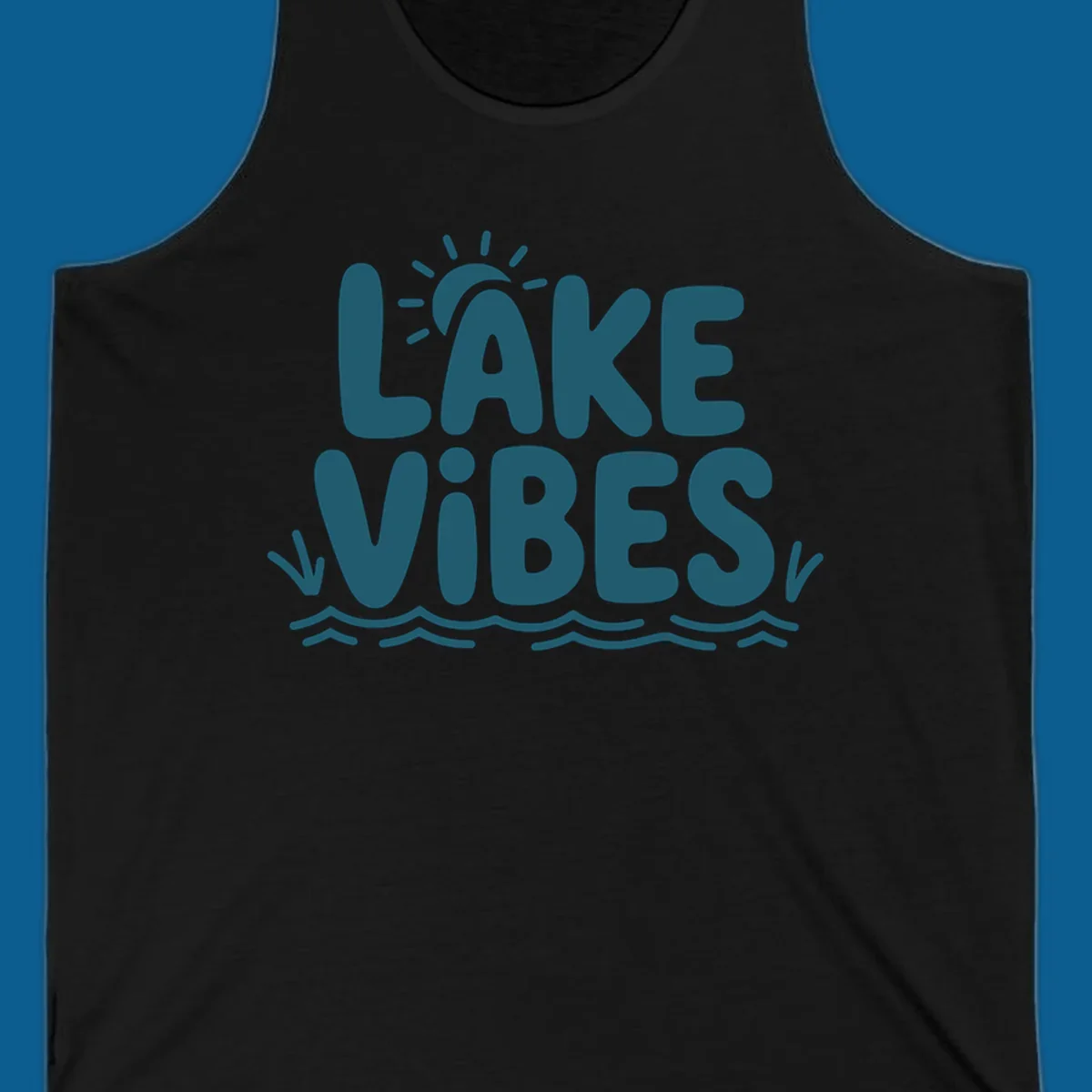 Lake vibes text with sun and waves graphic