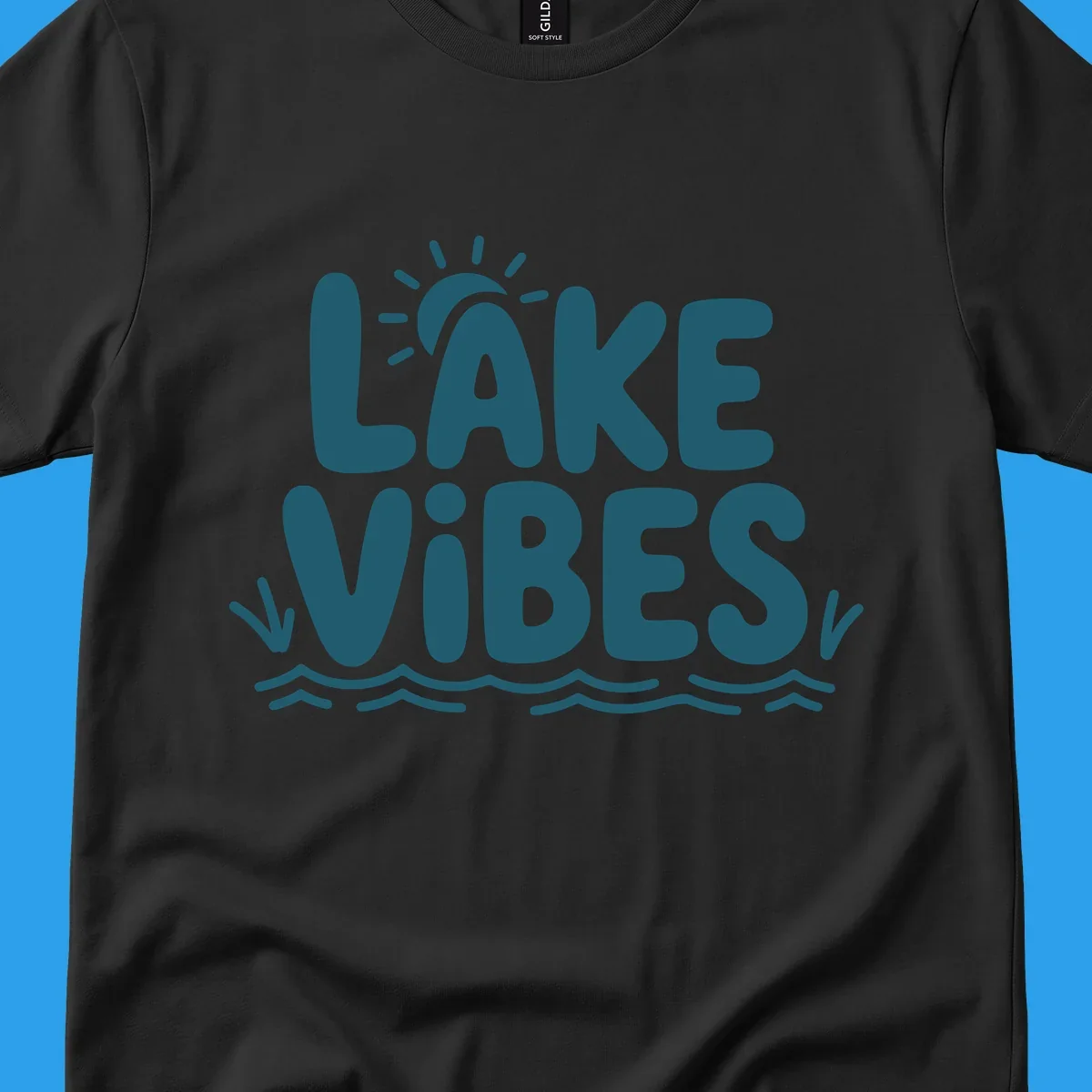Lake vibes text with sun and waves graphic