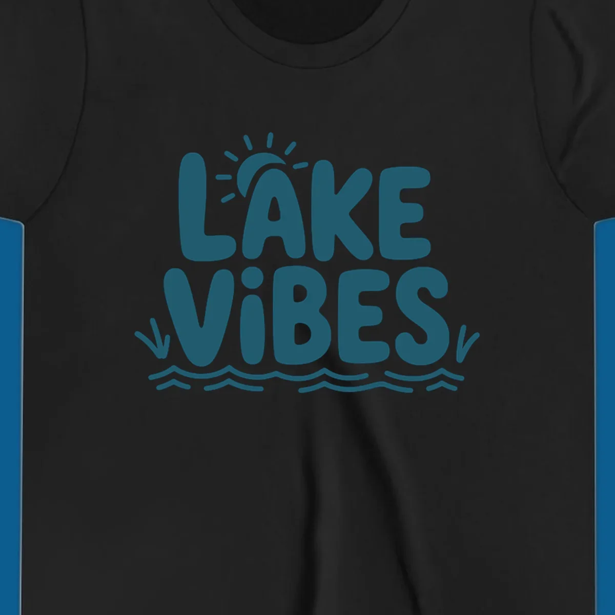 Lake vibes text with sun and waves graphic