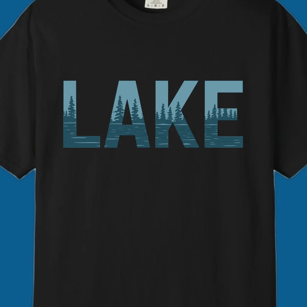 The word LAKE filled with a pine tree and lake water landscape. lake-pine-trees.
