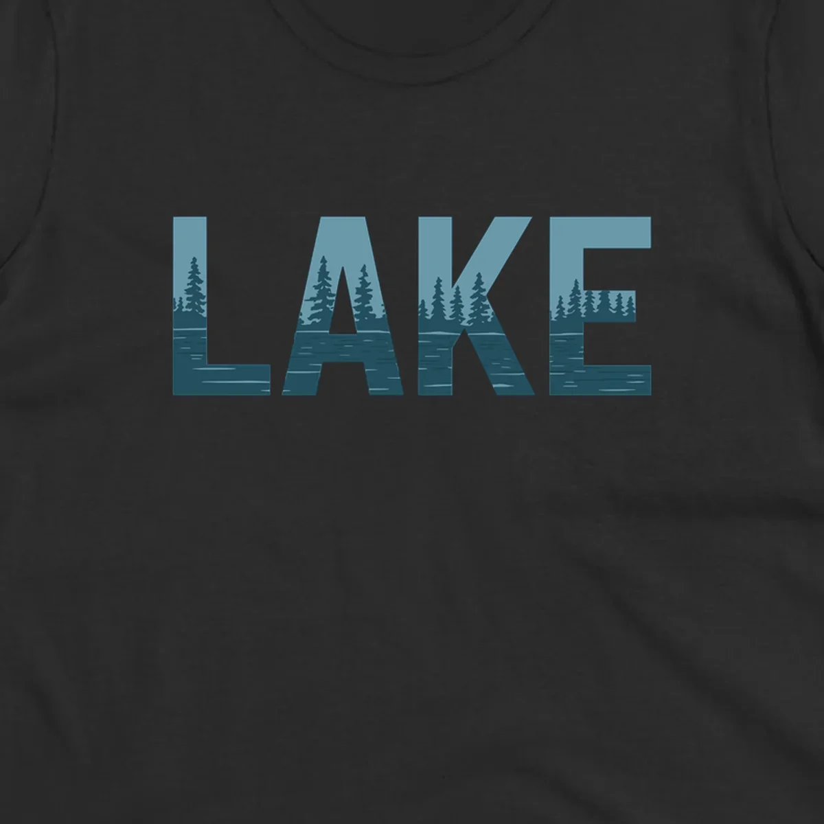The word LAKE filled with a pine tree and lake water landscape. lake-pine-trees.