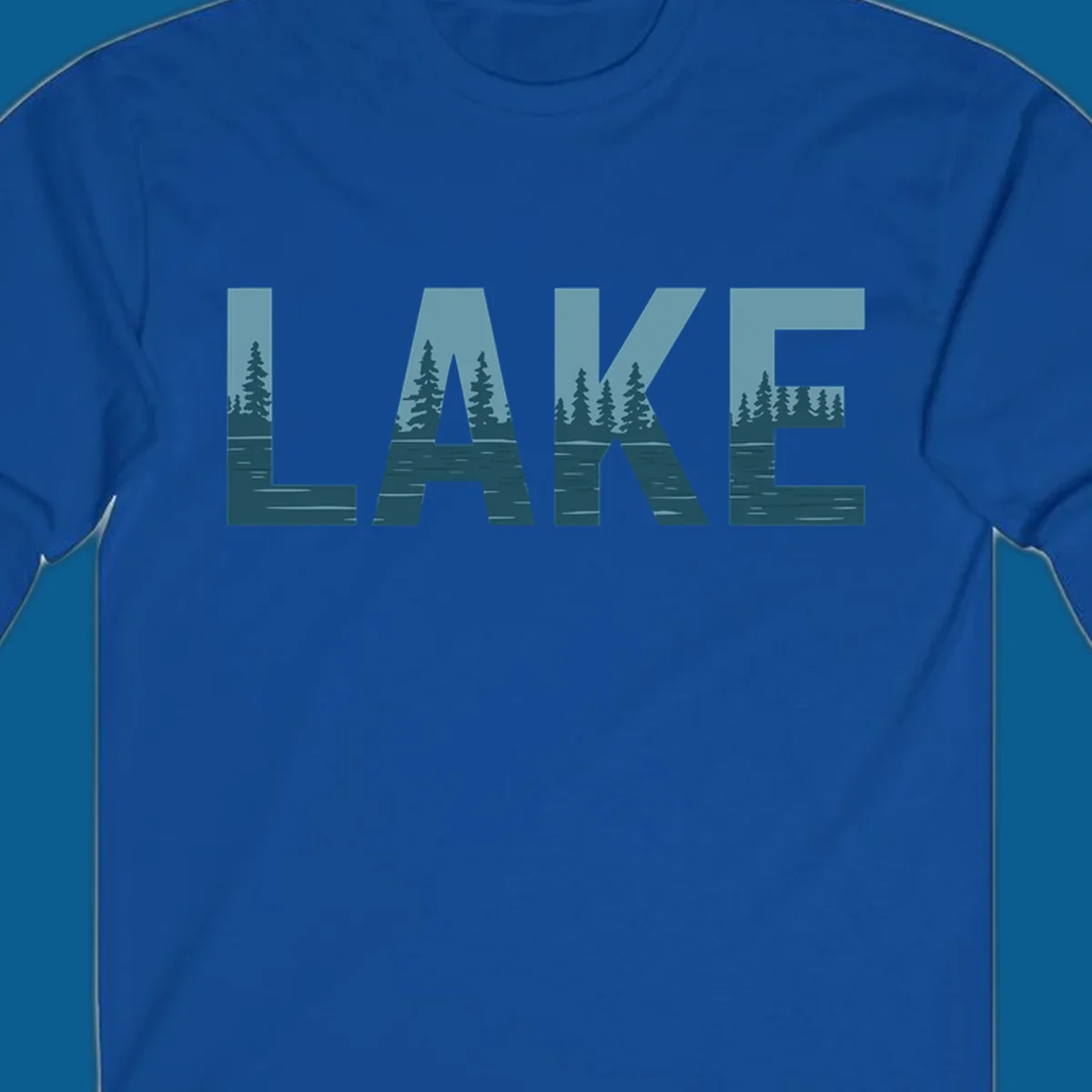 The word LAKE filled with a pine tree and lake water landscape. lake-pine-trees.