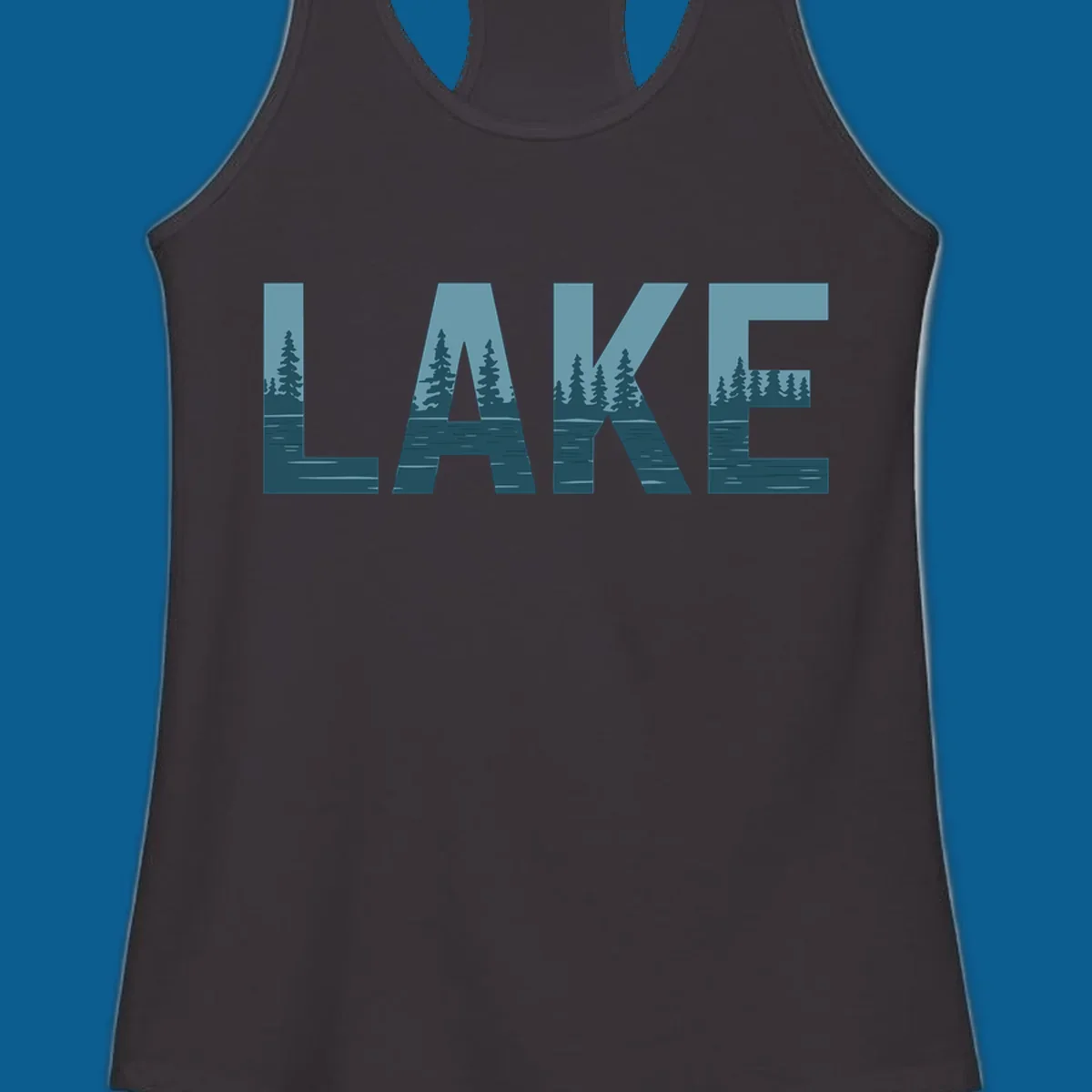 The word LAKE filled with a pine tree and lake water landscape. lake-pine-trees.