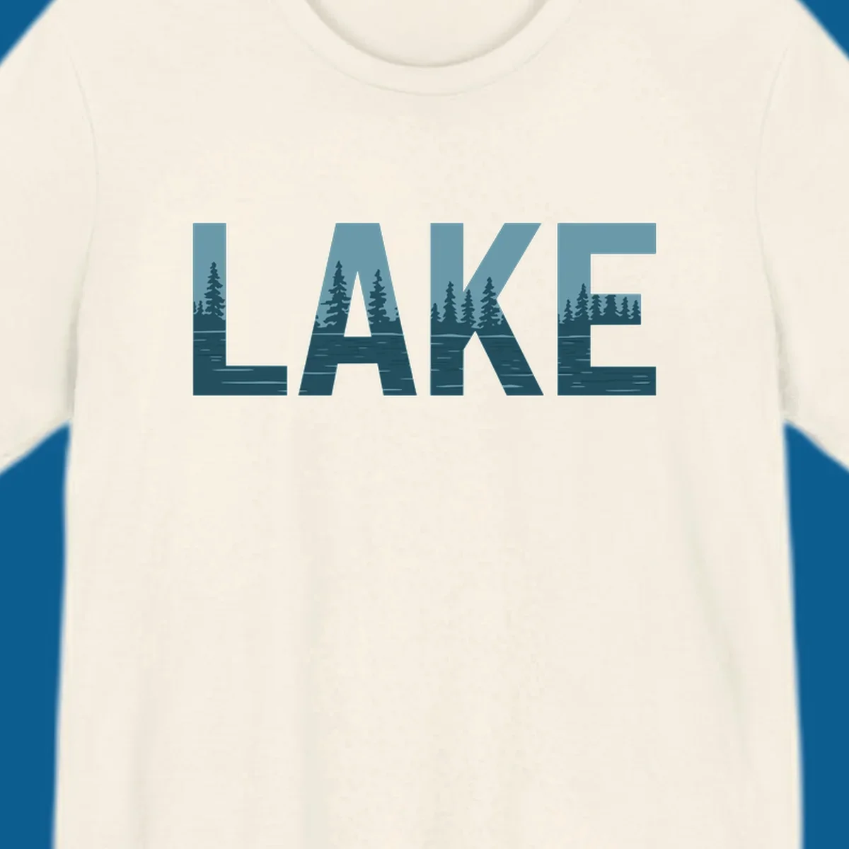 The word LAKE filled with a pine tree and lake water landscape. lake-pine-trees.