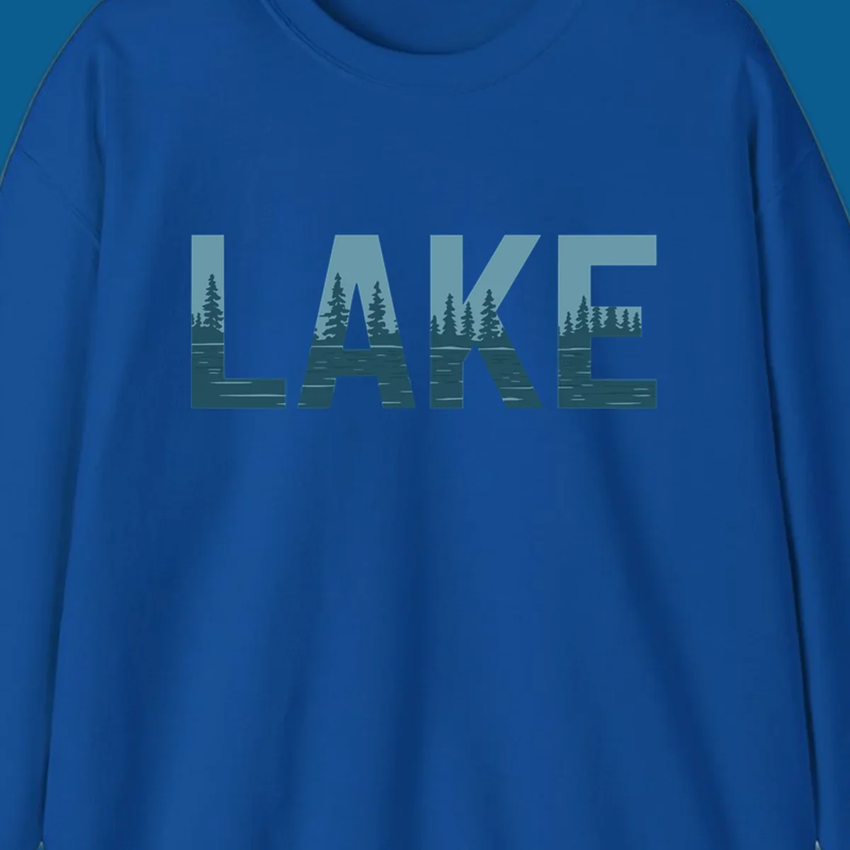 The word LAKE filled with a pine tree and lake water landscape. lake-pine-trees.