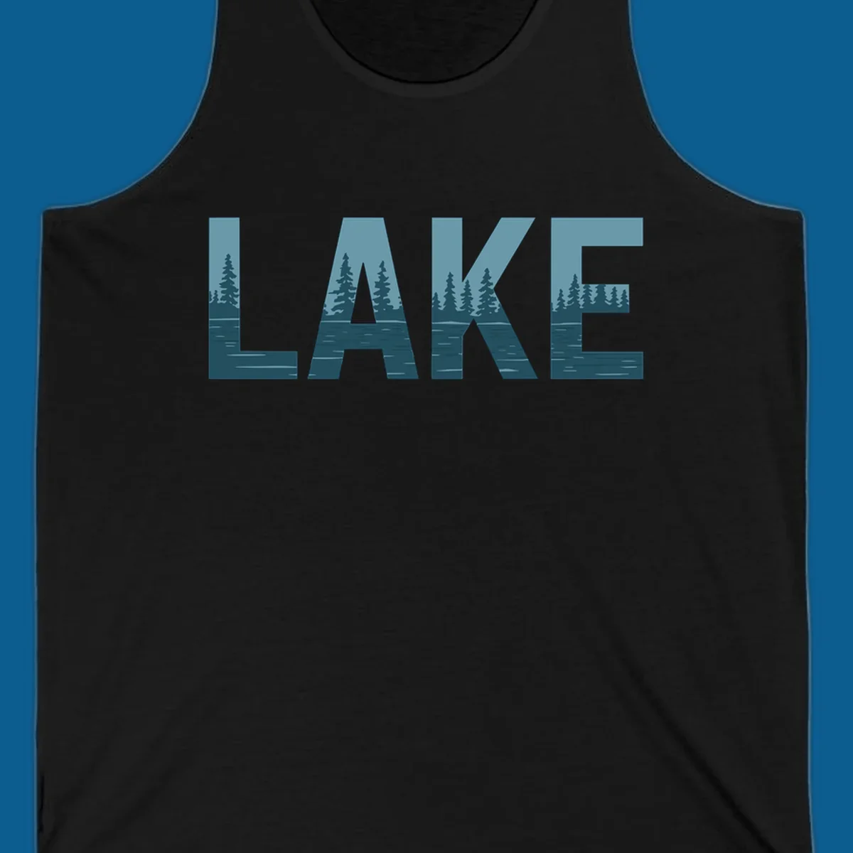 The word LAKE filled with a pine tree and lake water landscape. lake-pine-trees.