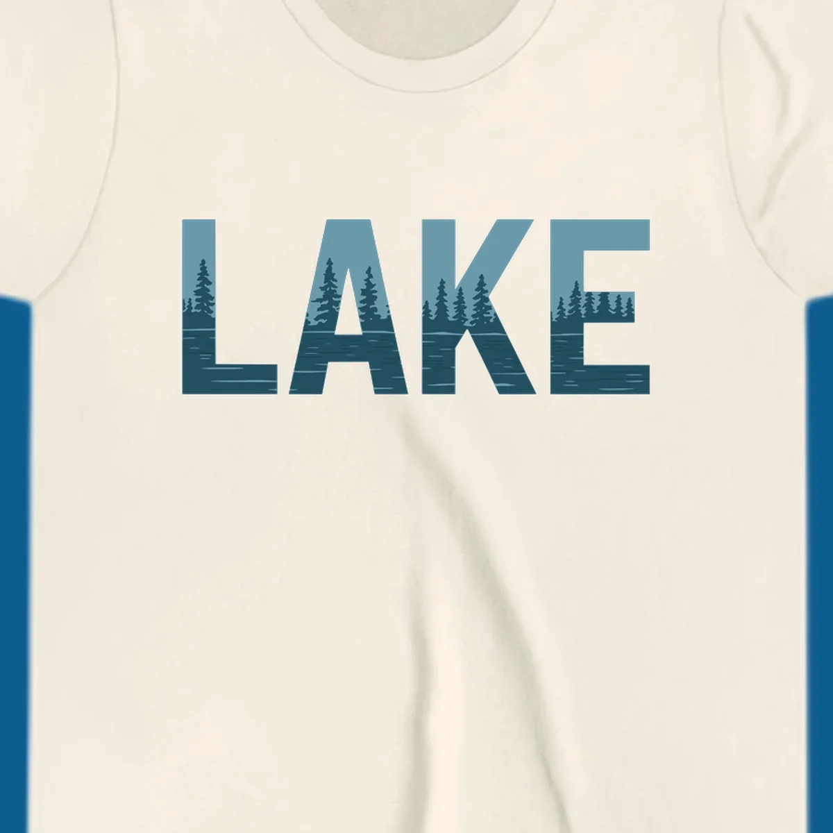 The word LAKE filled with a pine tree and lake water landscape. lake-pine-trees.