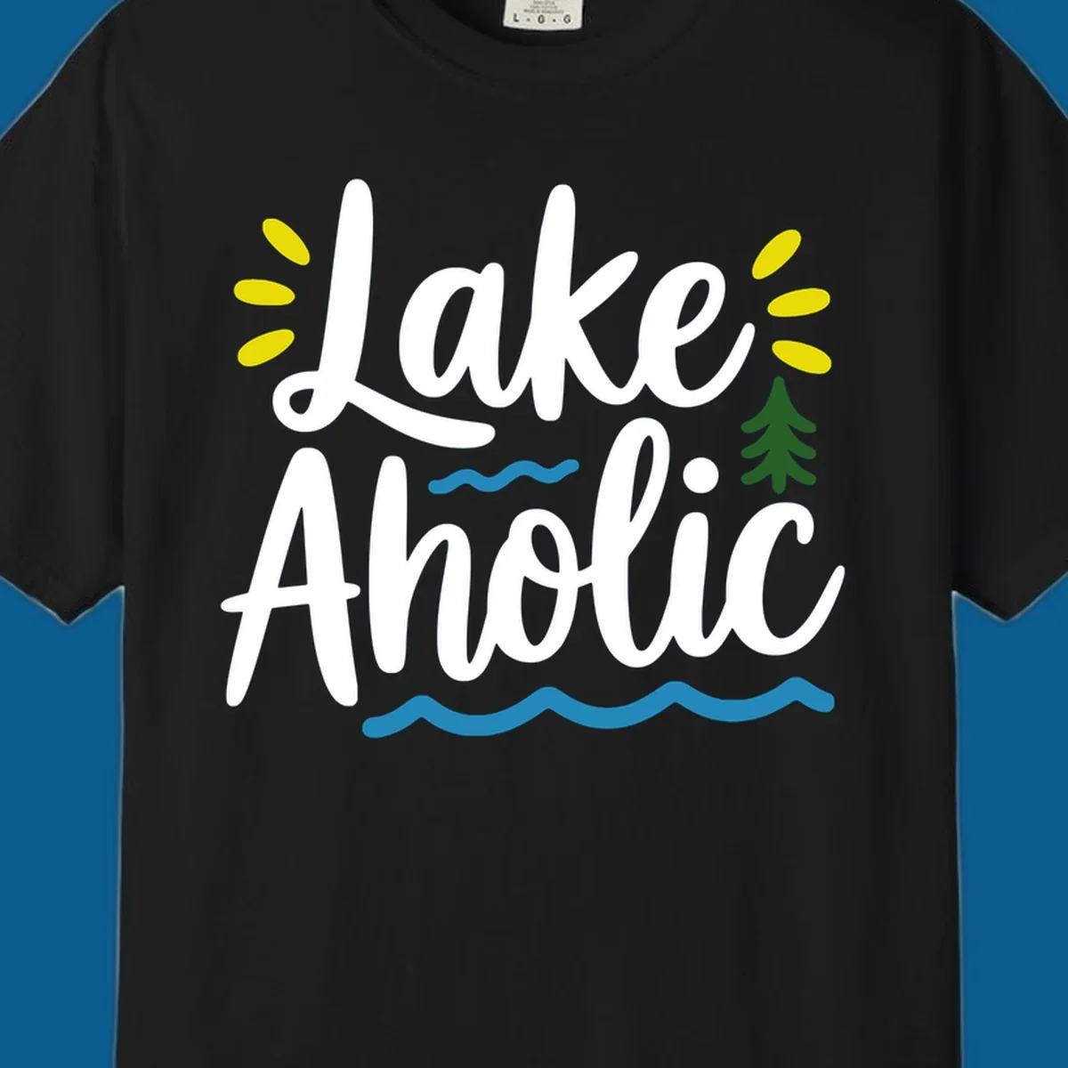 Lakeaholic text design with sun rays, pine tree, and water waves.