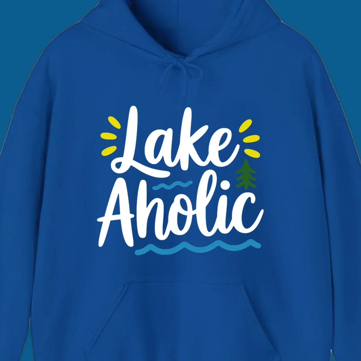 Lakeaholic text design with sun rays, pine tree, and water waves.