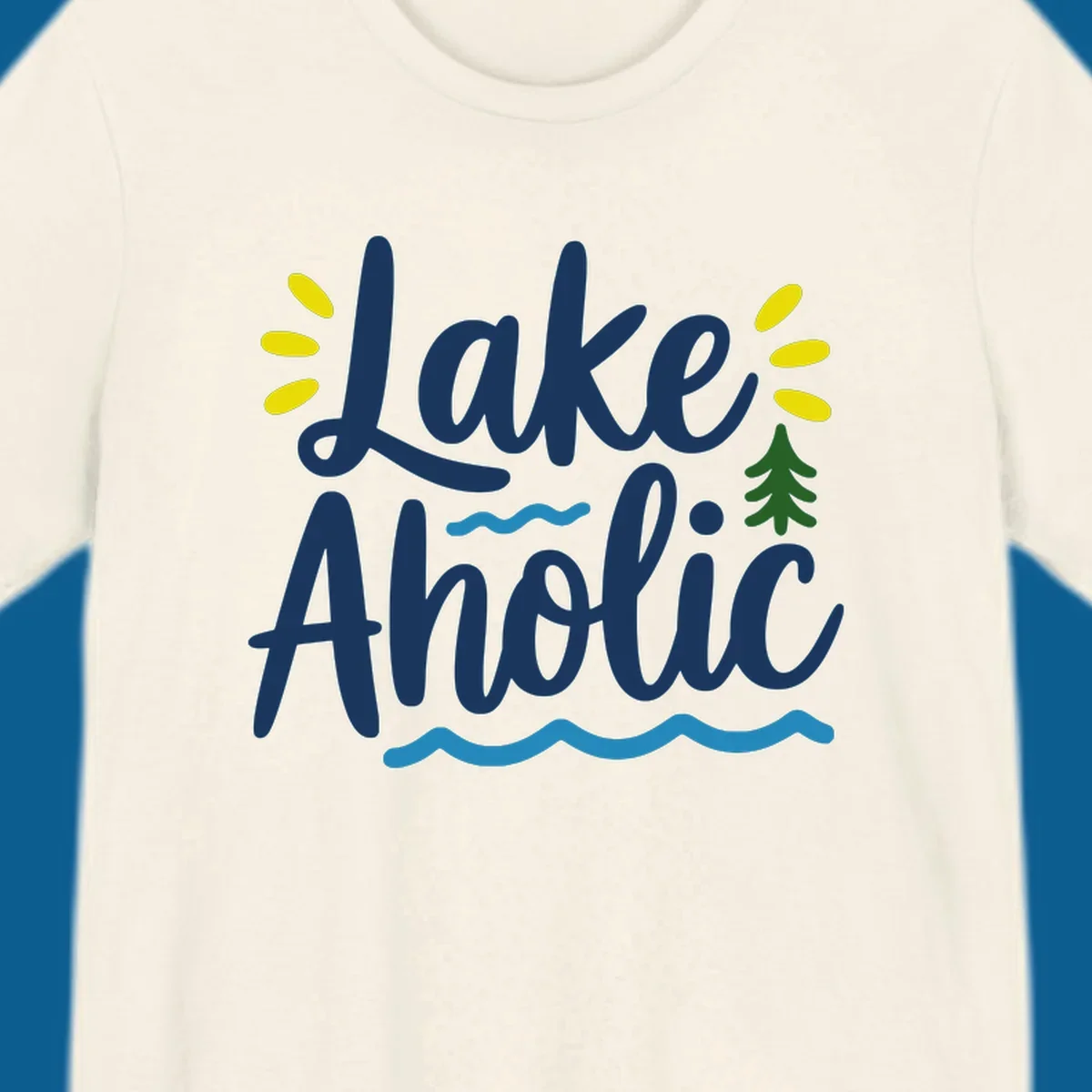 Lakeaholic text design with sun rays, pine tree, and water waves.