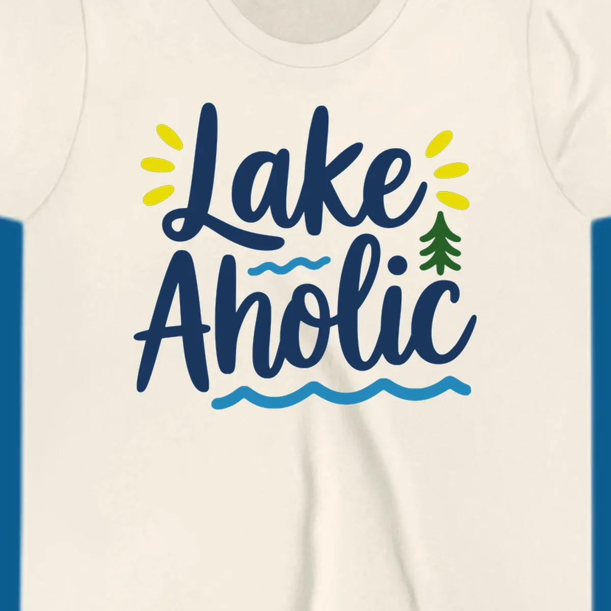 Lakeaholic text design with sun rays, pine tree, and water waves.