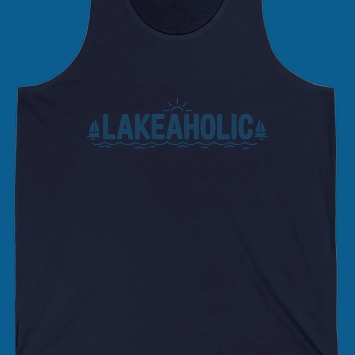 Lakeaholic typography with sun, sailboats, and waves graphic.
