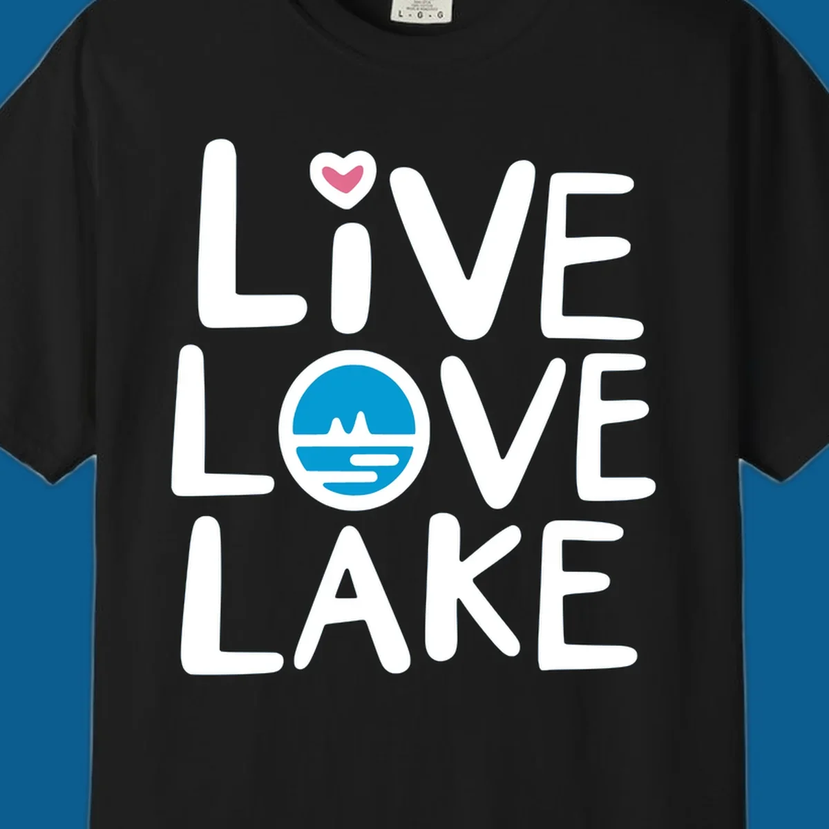 Live Love Lake text design with a lake graphic in the O of LOVE, and a heart on the I of LIVE.