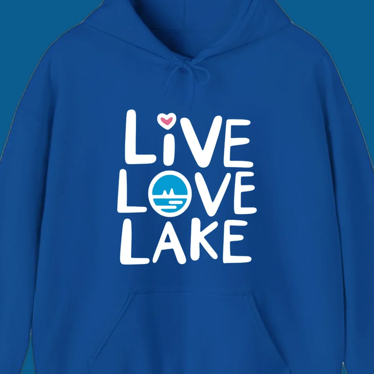 Live Love Lake text design with a lake graphic in the O of LOVE, and a heart on the I of LIVE.