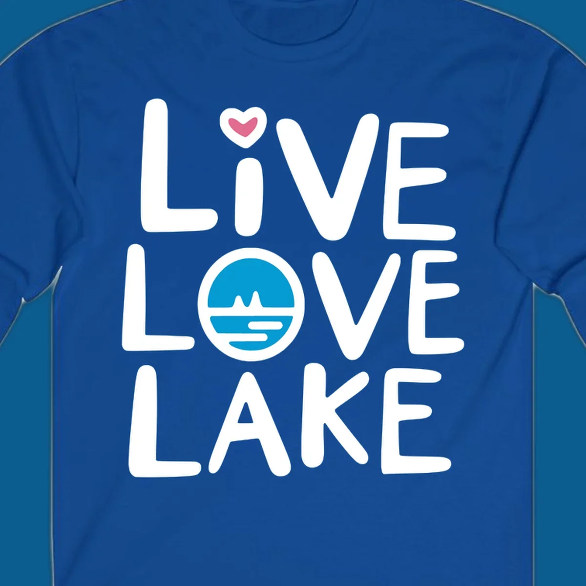 Live Love Lake text design with a lake graphic in the O of LOVE, and a heart on the I of LIVE.