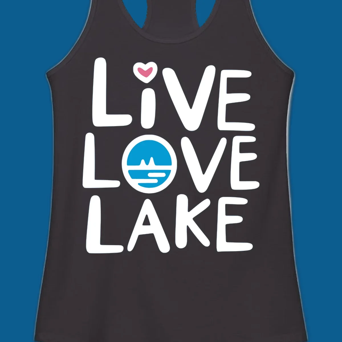 Live Love Lake text design with a lake graphic in the O of LOVE, and a heart on the I of LIVE.