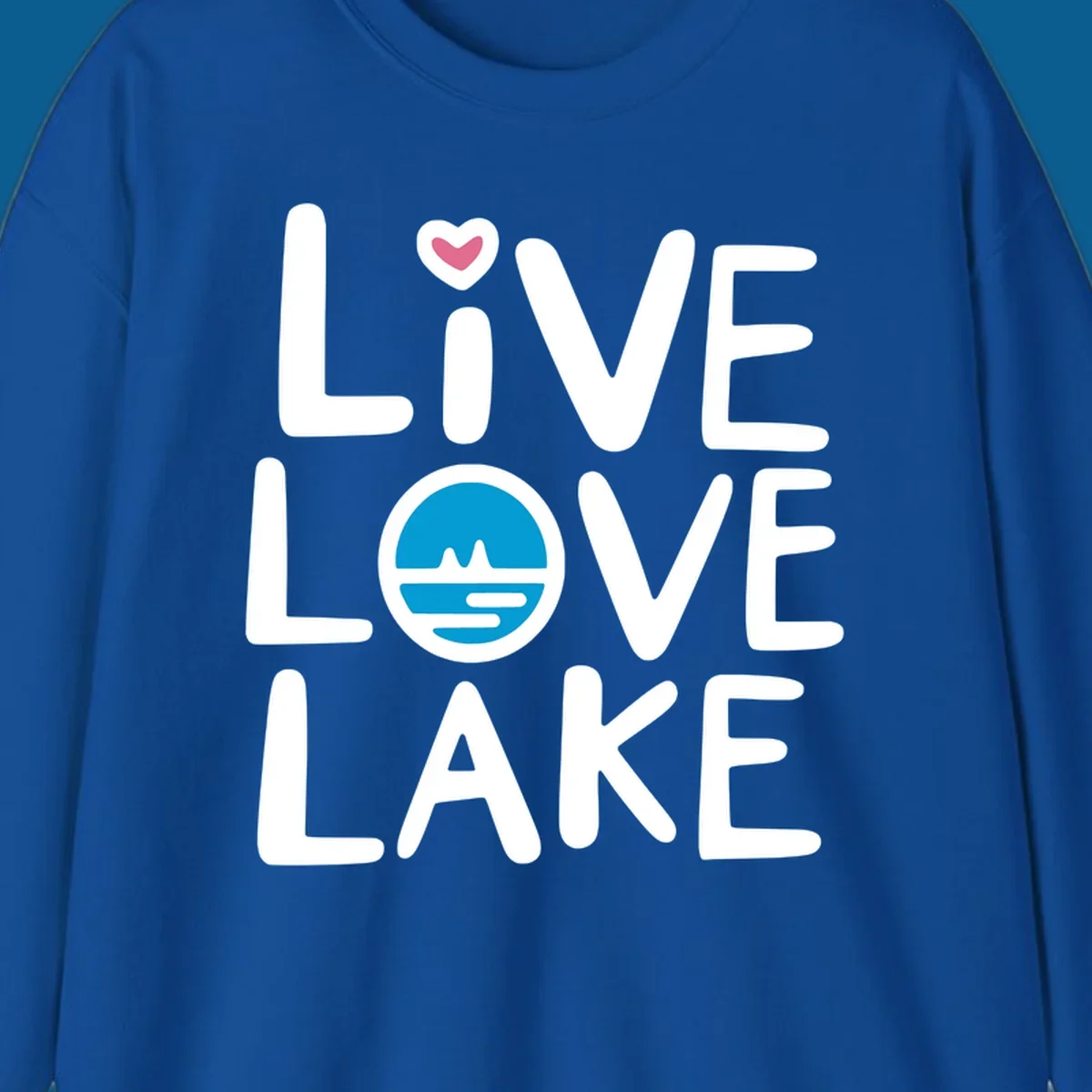 Live Love Lake text design with a lake graphic in the O of LOVE, and a heart on the I of LIVE.