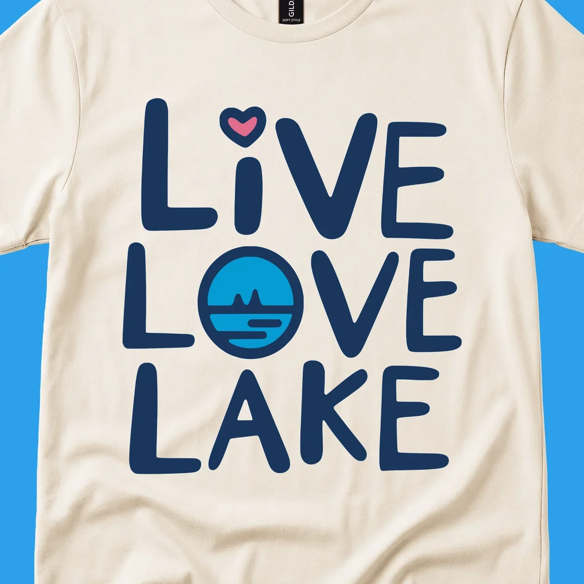 Live Love Lake text design with a lake graphic in the O of LOVE, and a heart on the I of LIVE.