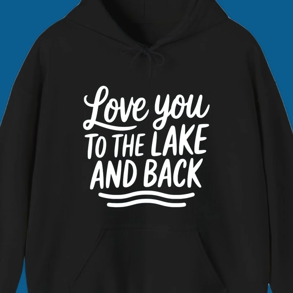 Love you to the lake and back typography with wavy lines.