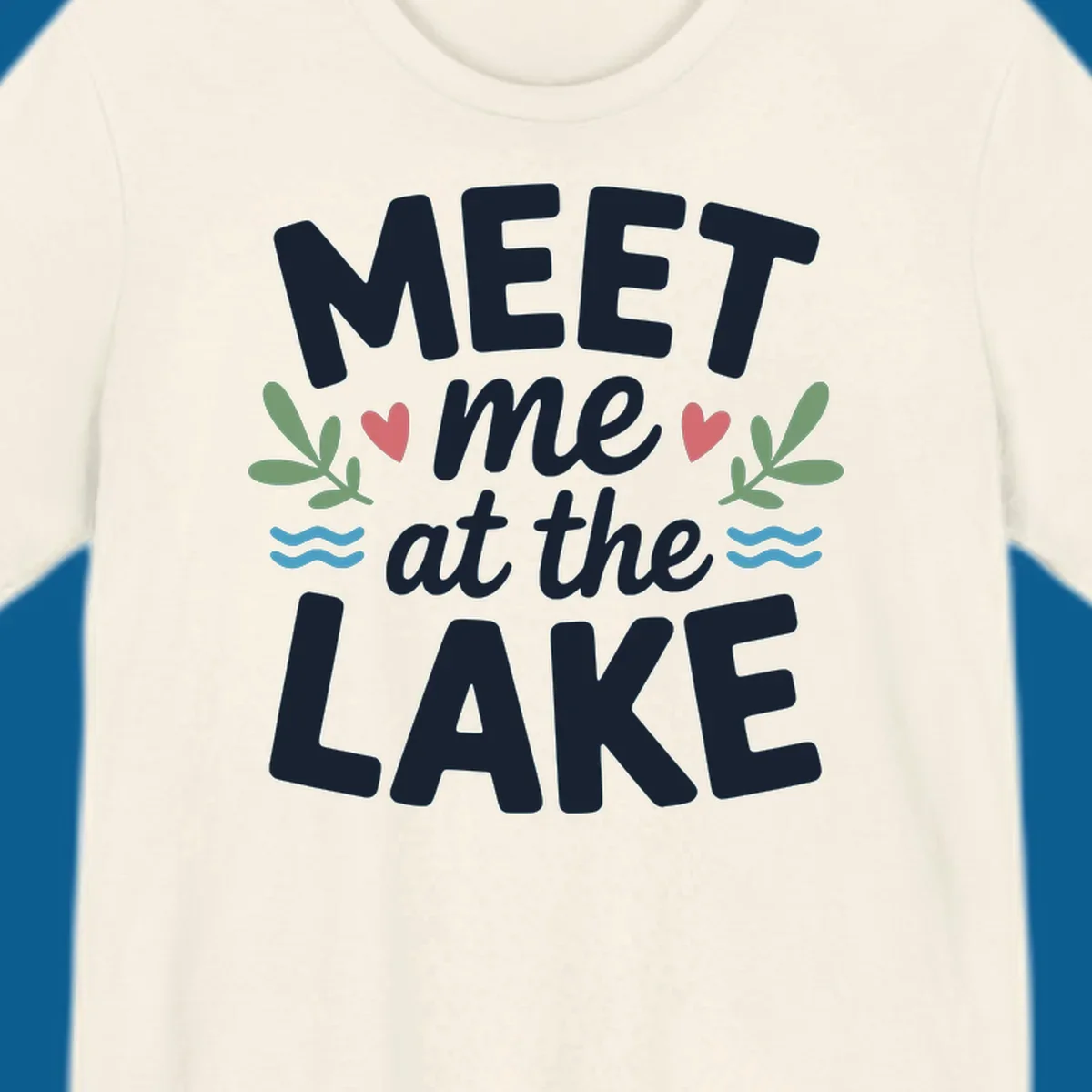 Meet me at the lake typography design with hearts, leaves, and waves.