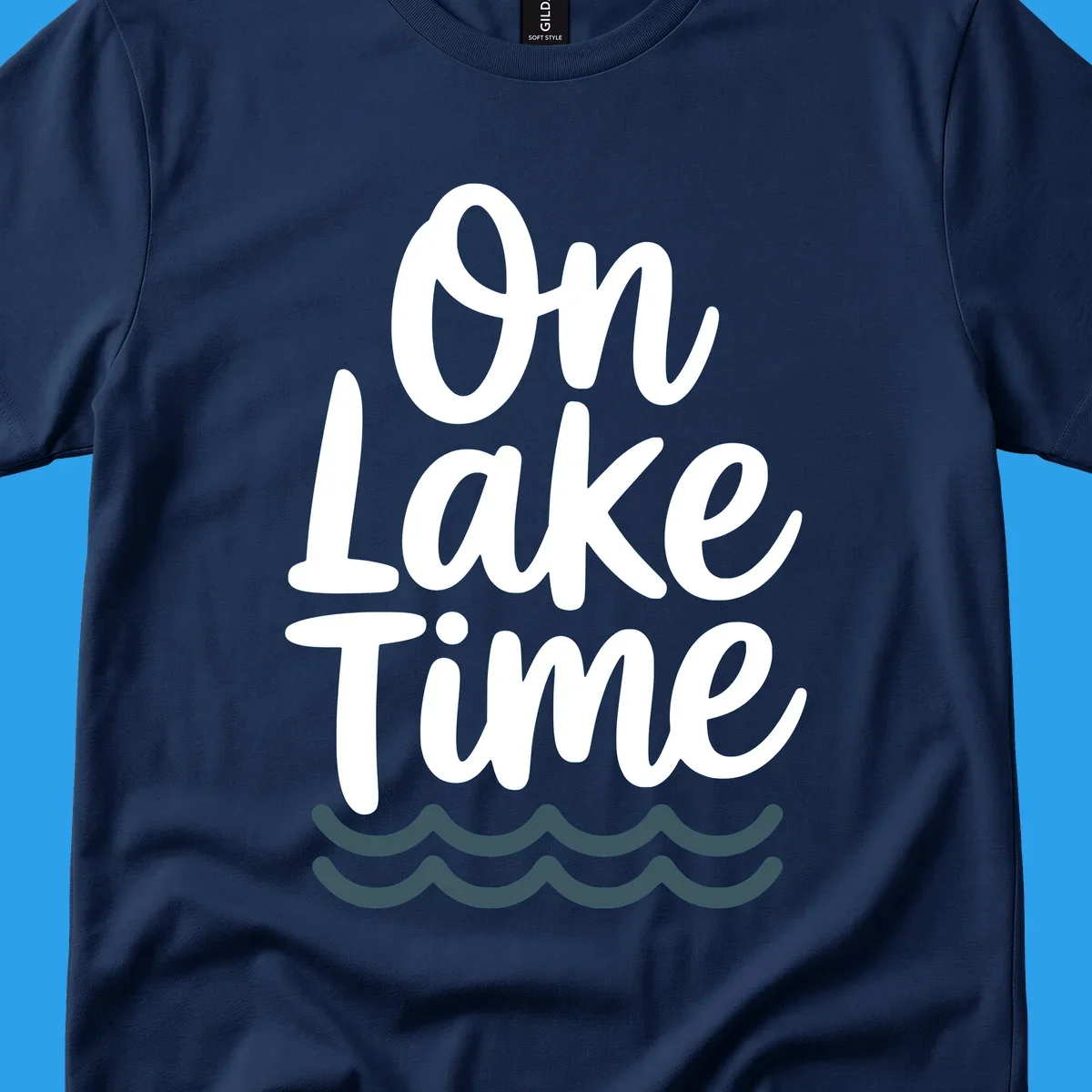 On lake time text with wavy lines, lake life graphic