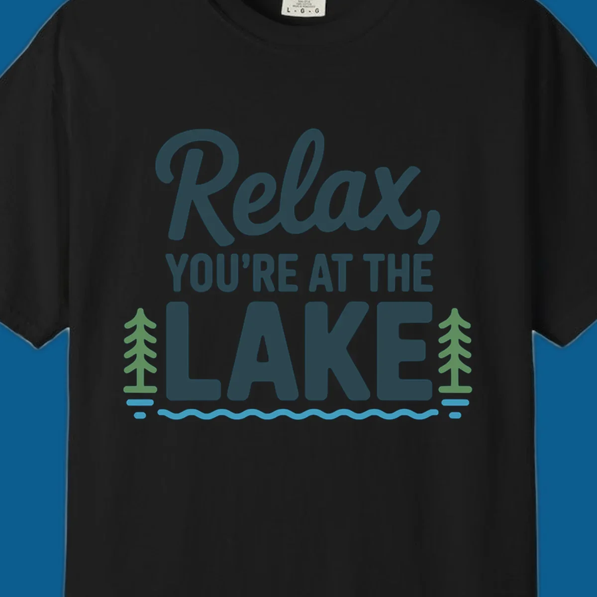 Relax at the lake graphic with text, trees, and water.