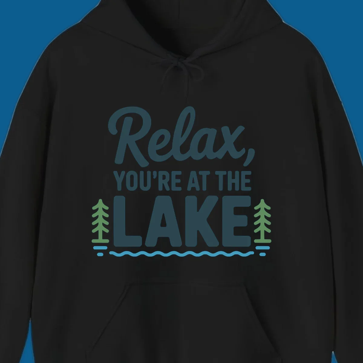 Relax at the lake graphic with text, trees, and water.