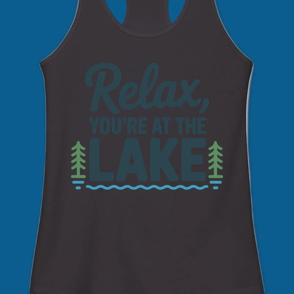 Relax at the lake graphic with text, trees, and water.