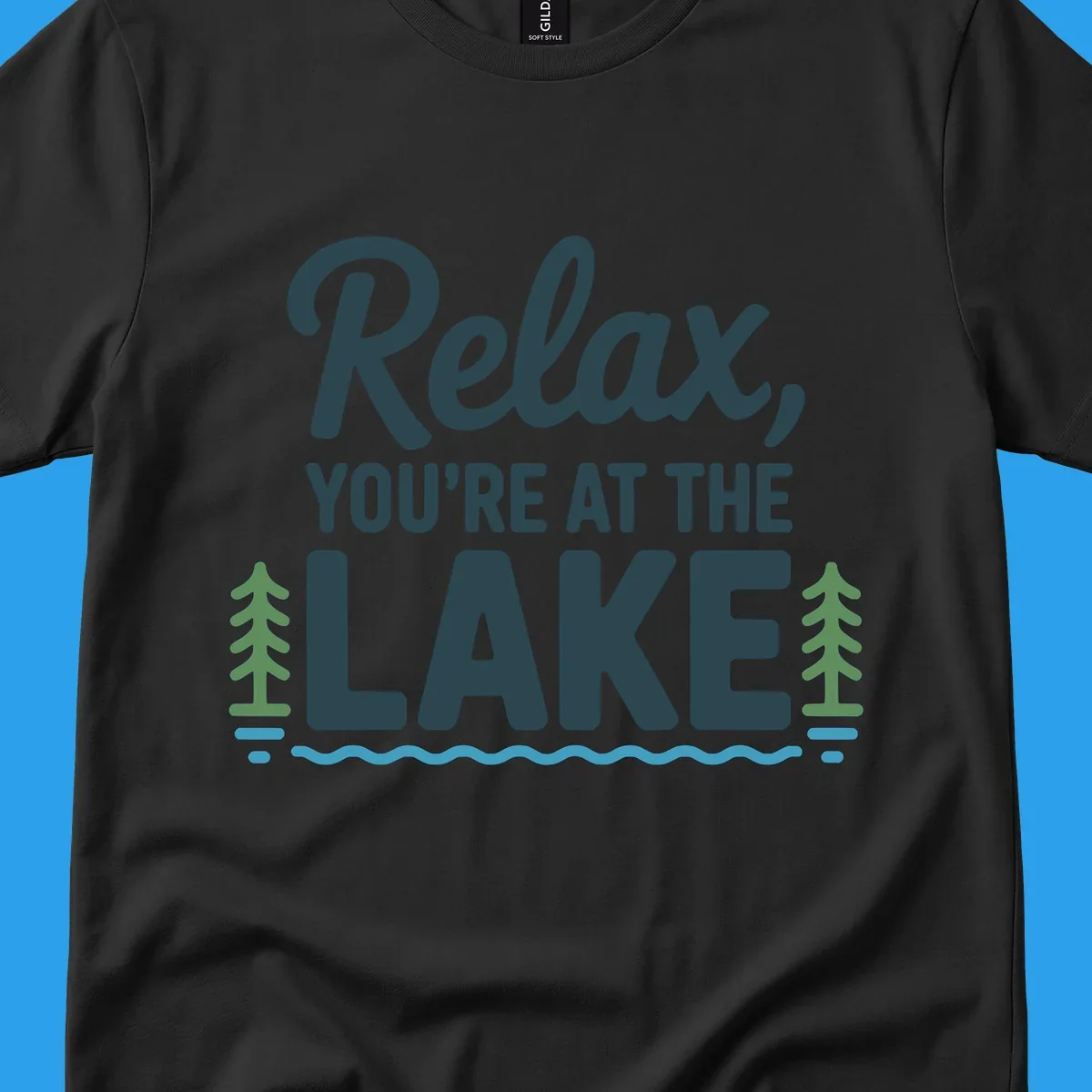 Relax at the lake graphic with text, trees, and water.