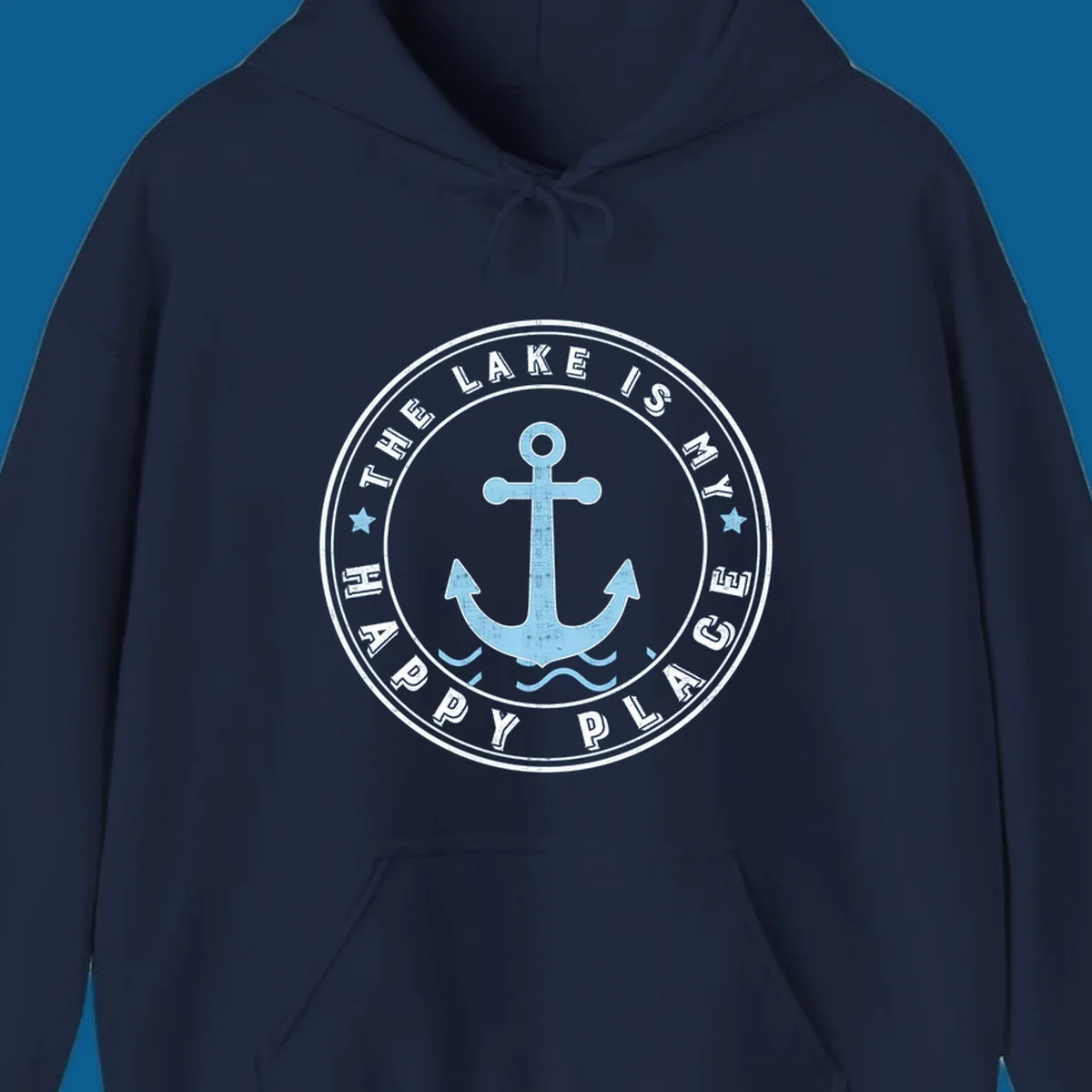 Circular badge with anchor and text 'The Lake Is My Happy Place', lake-happy-place concept.
