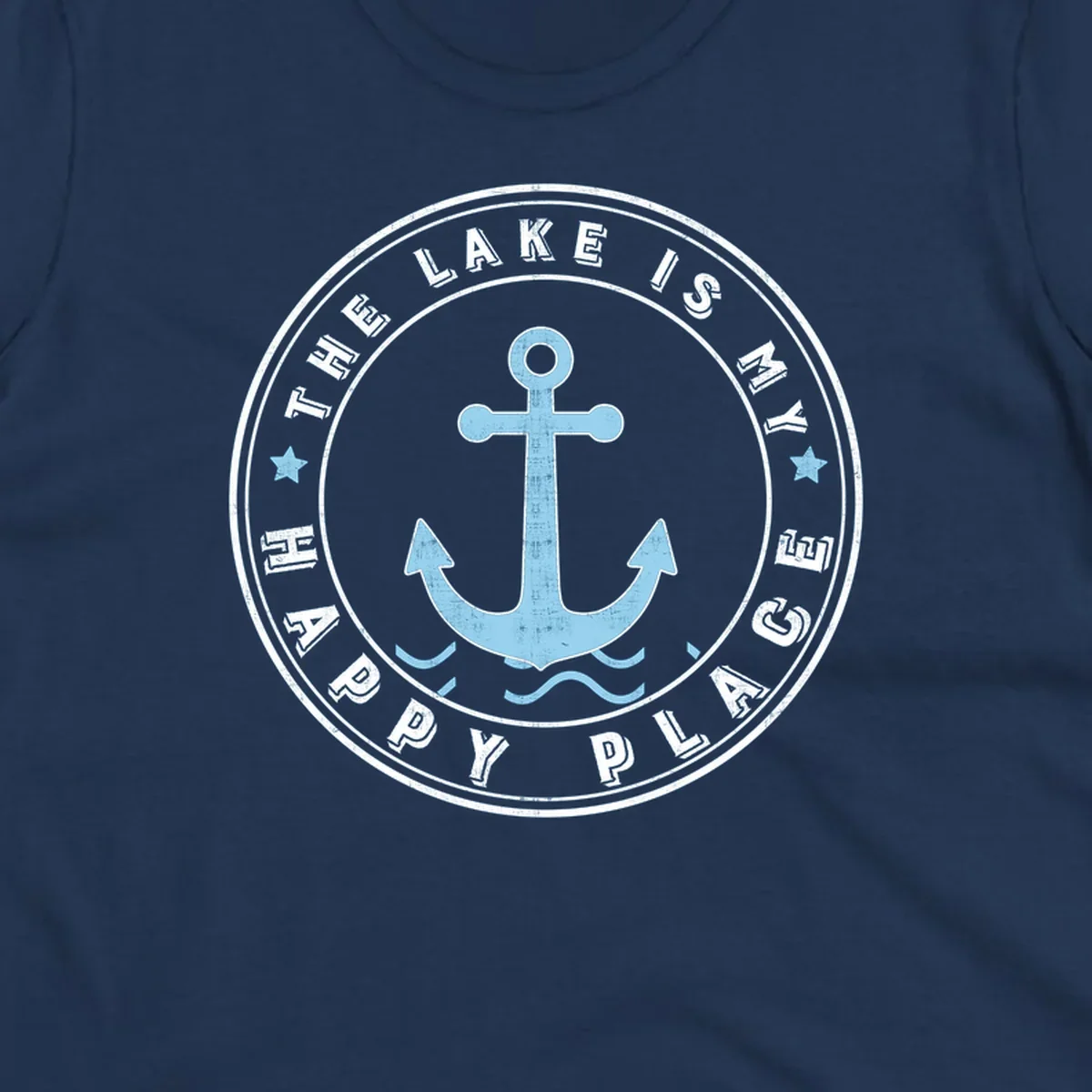Circular badge with anchor and text 'The Lake Is My Happy Place', lake-happy-place concept.