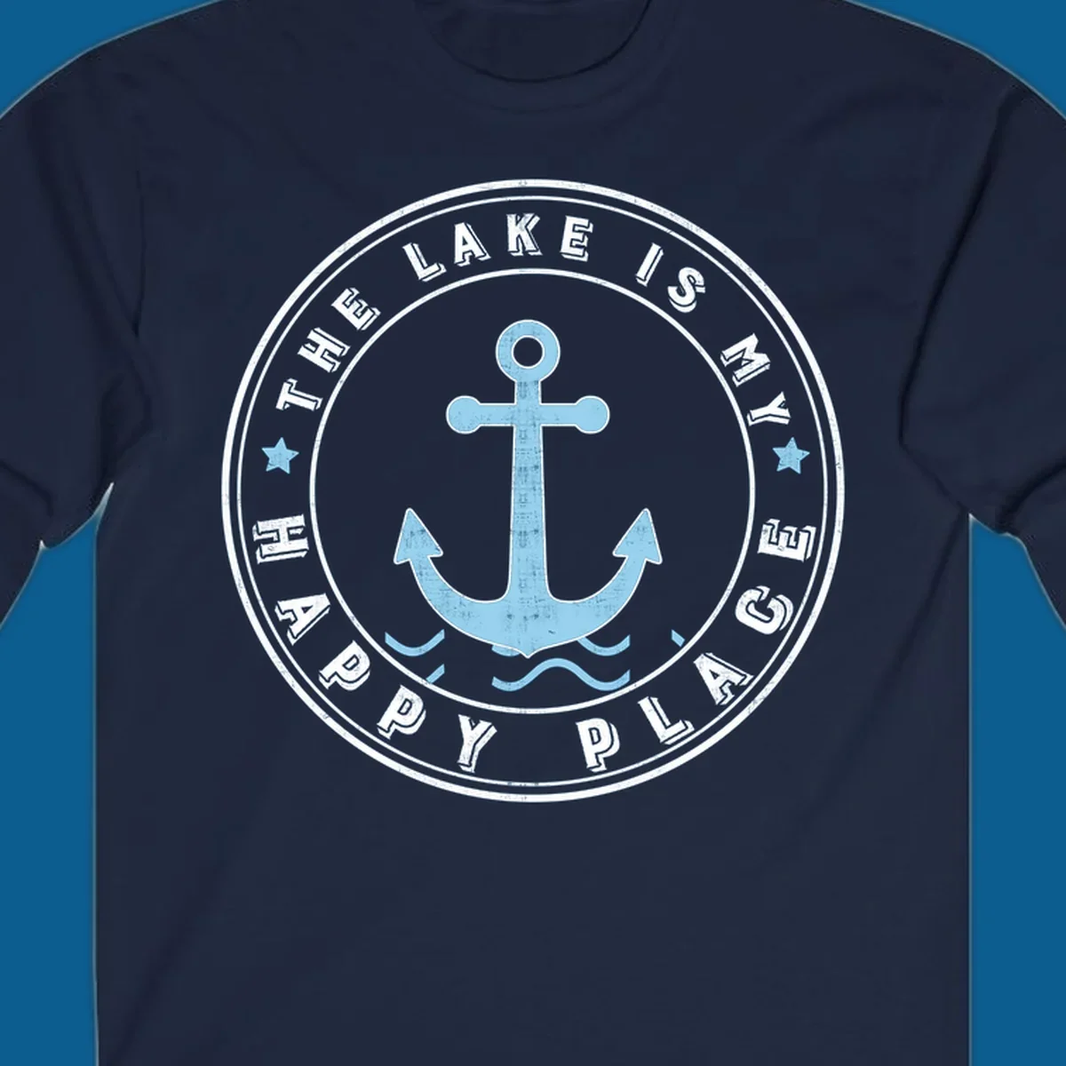 Circular badge with anchor and text 'The Lake Is My Happy Place', lake-happy-place concept.