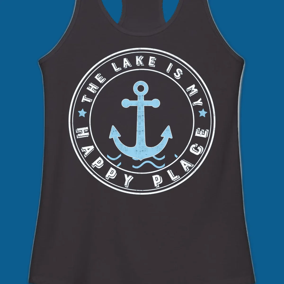Circular badge with anchor and text 'The Lake Is My Happy Place', lake-happy-place concept.